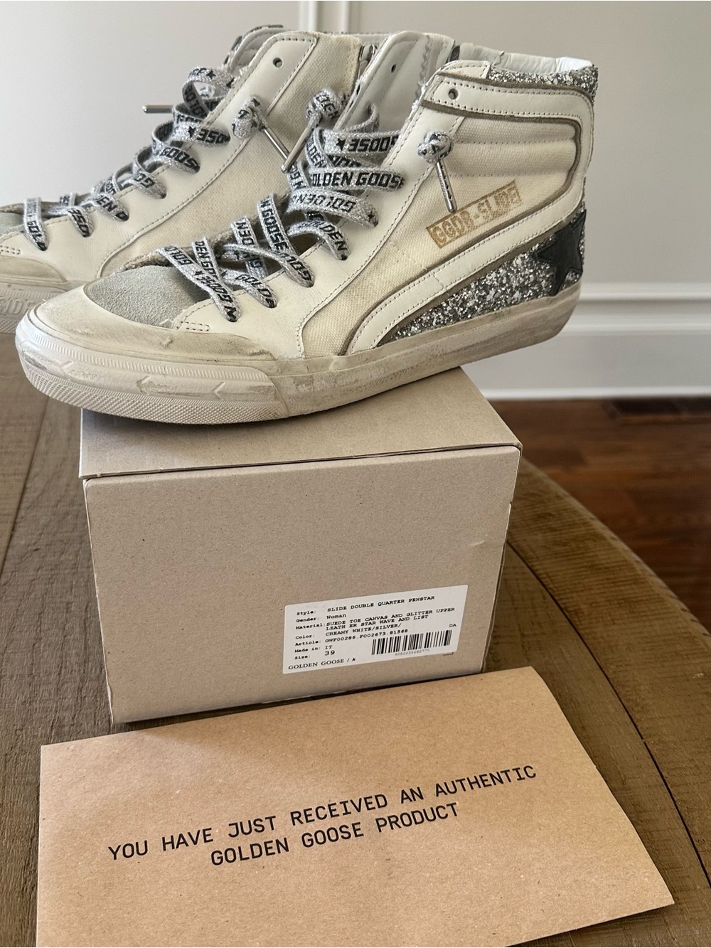 Golden Goose Slide Double Quarter Penstar Cream High-Top Sneakers Glitter 39